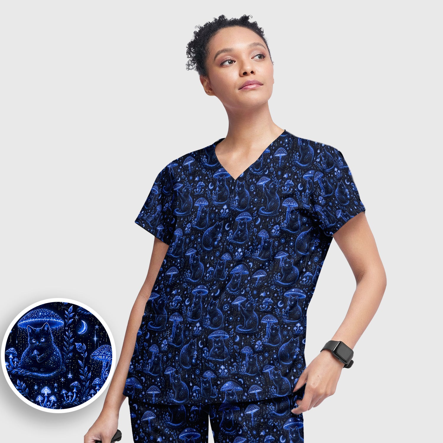 Celestial Black Cat Mushroom Pattern Scrub Set, Scrub Pants and V Neck Top