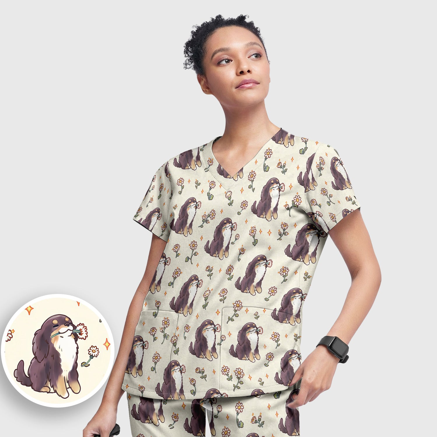 Cute Floral Otter Holding Daisy Pattern Scrub Set, Scrub Pants and V Neck Top