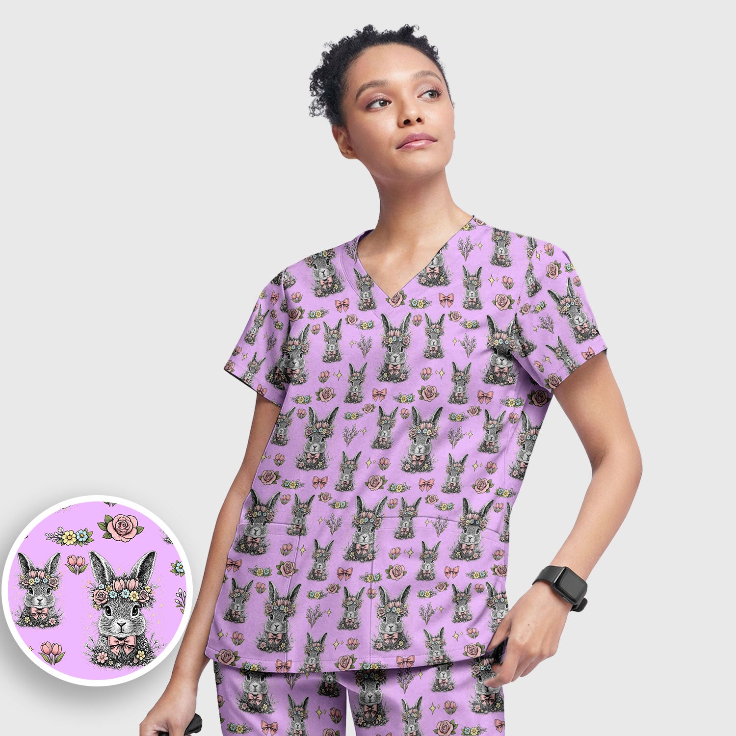 Vintage Floral Bunny Print Scrub Set, Scrub Pants and V Neck Top