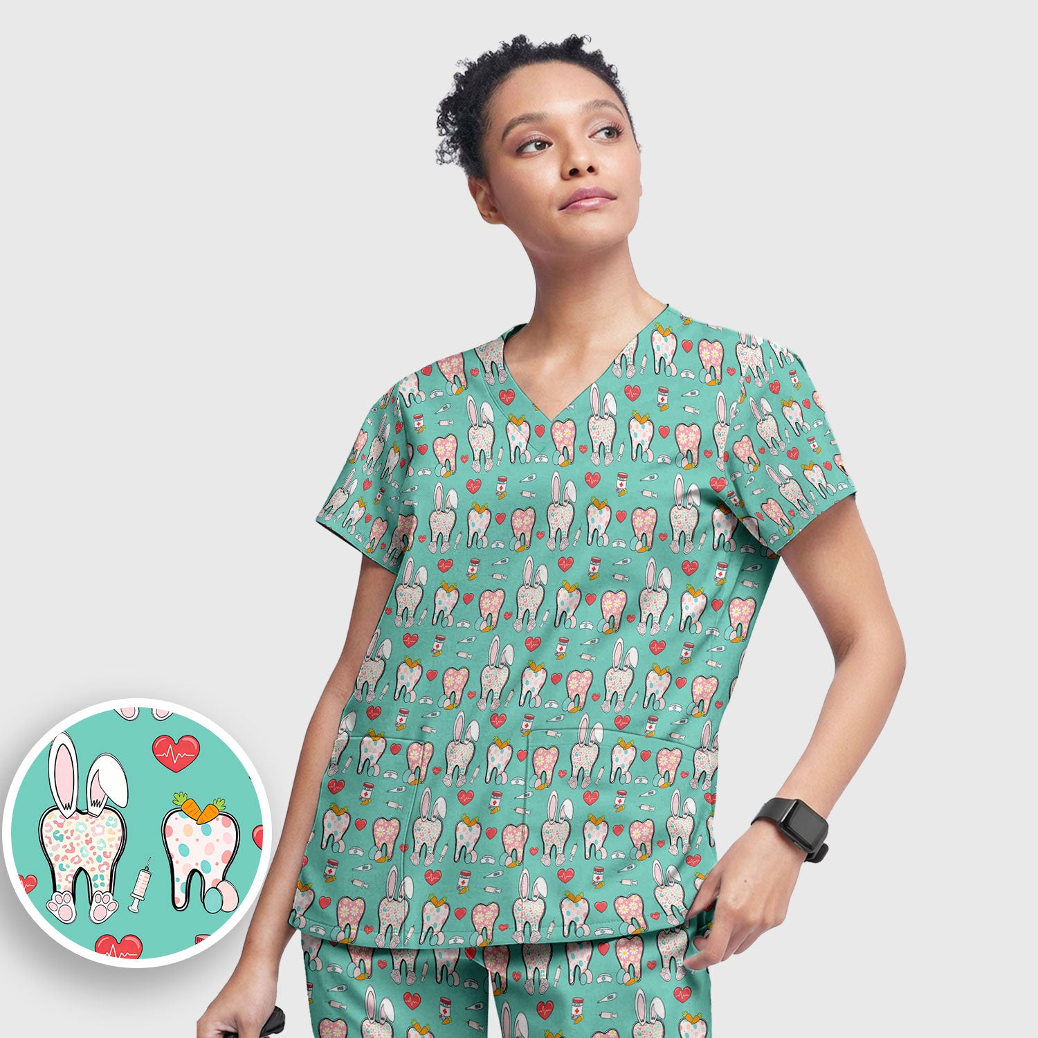 Playful Bunny Dentist Illustration Medical Set, Scrub Pants and V Neck Top
