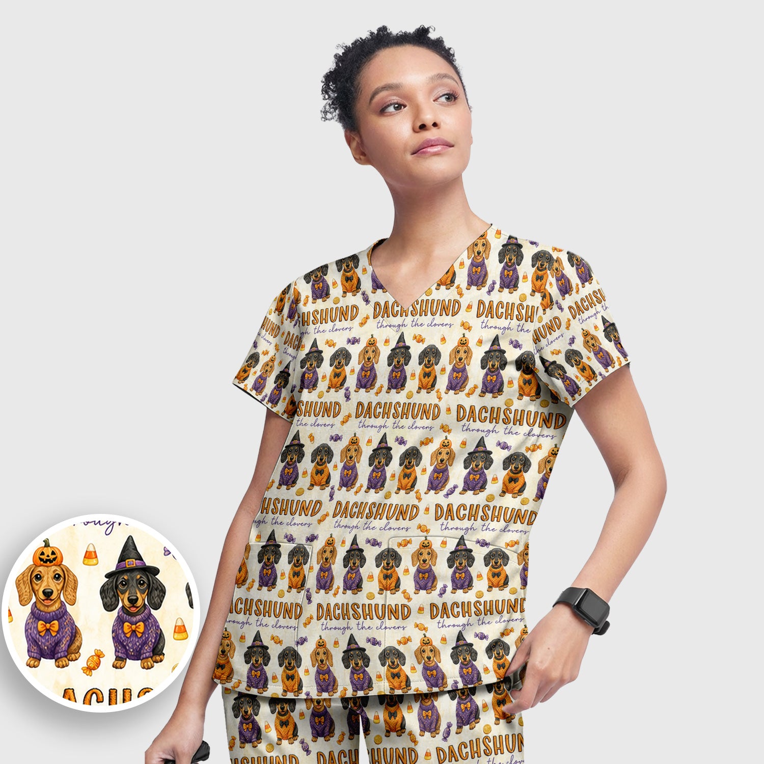 Candy Dachshund Pattern Scrub Set, Scrub Pants and V Neck Top