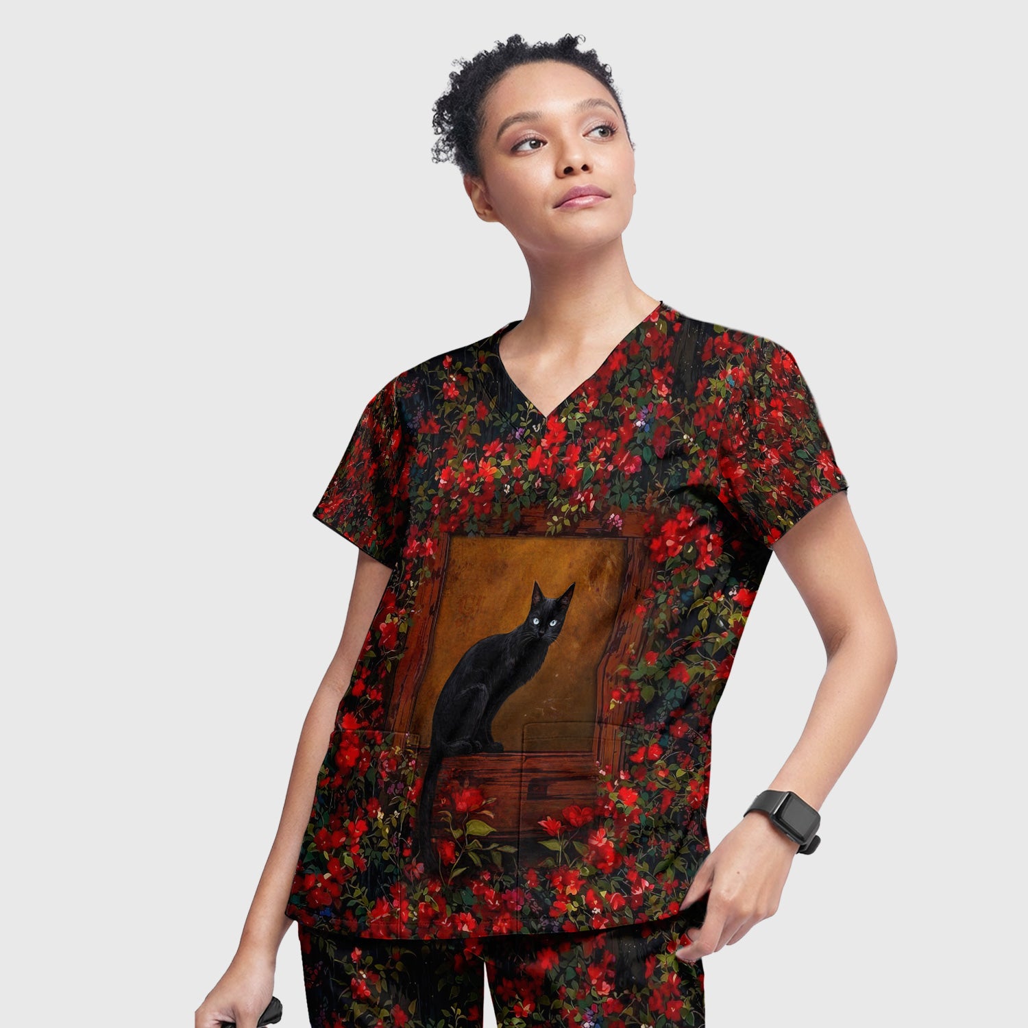 Black Cat Sitting By Red Floral Garden Window Scrub Set, Scrub Pants and V Neck Top