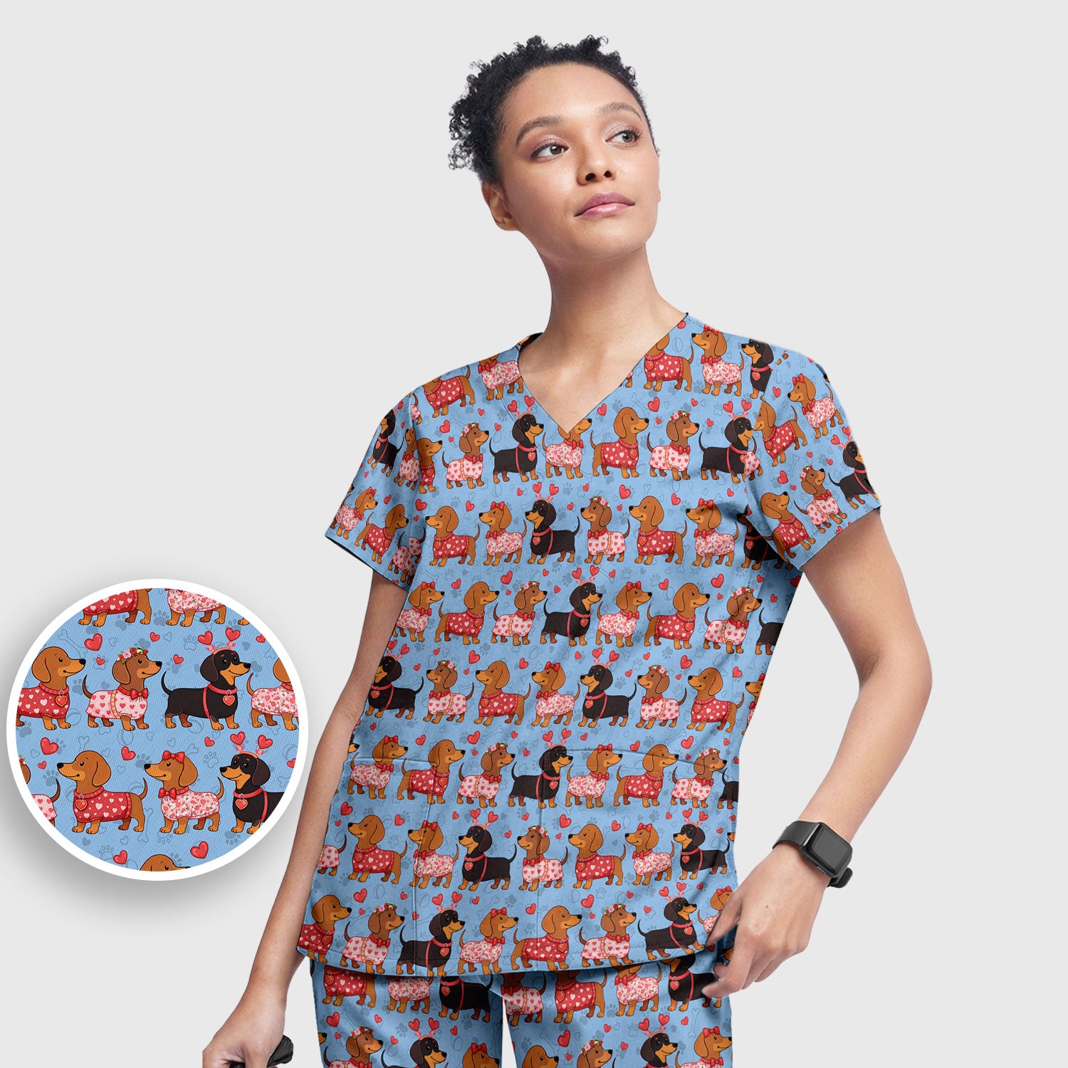 Valentine Dachshund Scrub Top, Wiener Dog Love Pattern Nurse Shirt, Breathable Fabrics Nursing Uniform