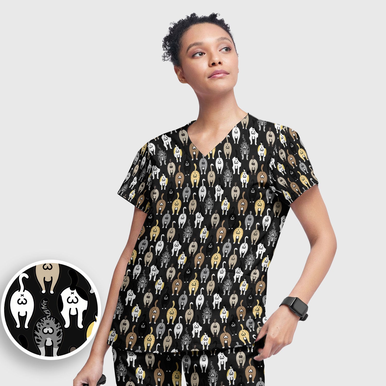 Cat Lover Nurse Scrub Set, Funny Cat Butt Pattern Medical Shirt, Breathable Fabrics Nursing Uniform