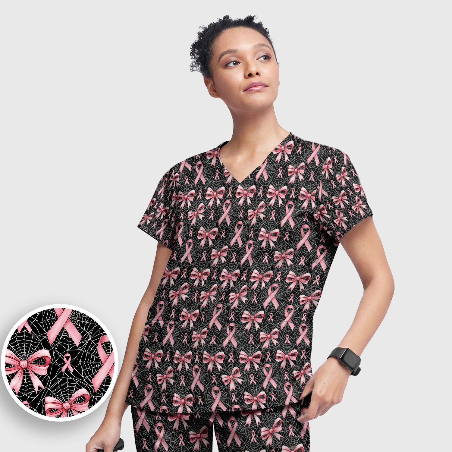Pink Ribbon Pattern Scrub Set, Scrub Pants and V Neck Top
