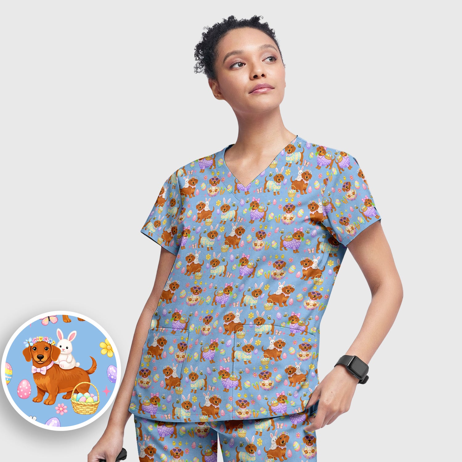 Cute Easter Dachshund Dog Pattern Scrub Set, Scrub Pants and V Neck Top