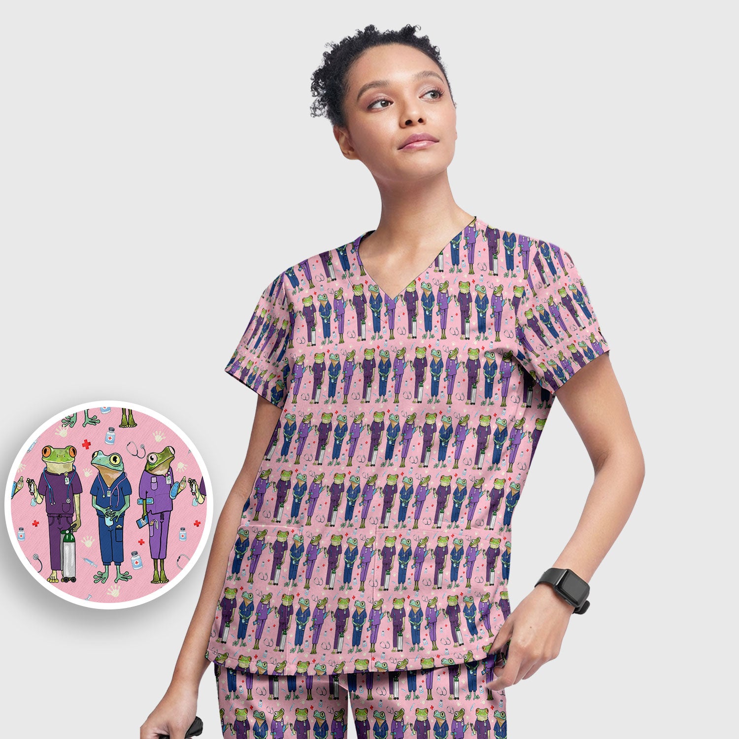 Funny Frog Nurse Pattern Scrub Set, Scrub Pants and V Neck Top