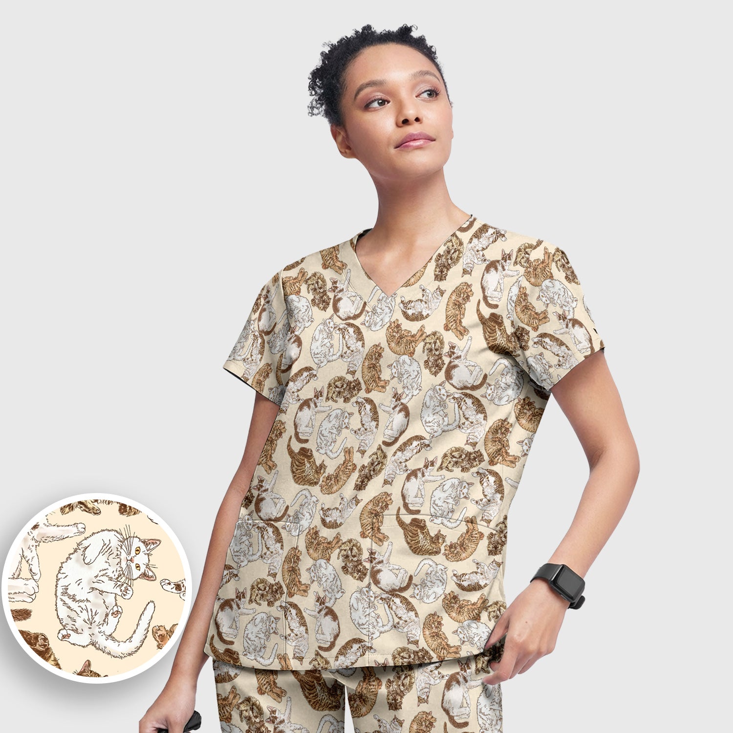 Cute Lazy Cat Nap Pattern Scrub Set, Scrub Pants and V Neck Top