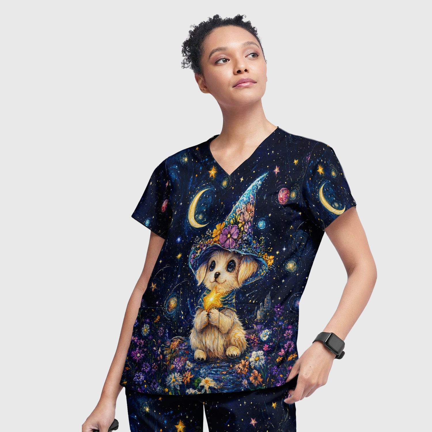 Cute Puppy Wizard Nurse Pattern Scrub Set, Scrub Pants and V Neck Top