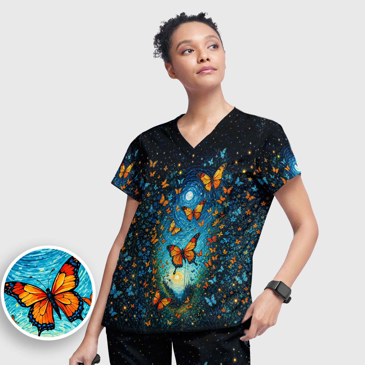 Moonlit Butterfly Nurse Print Scrub Set, Scrub Pants and V Neck Top