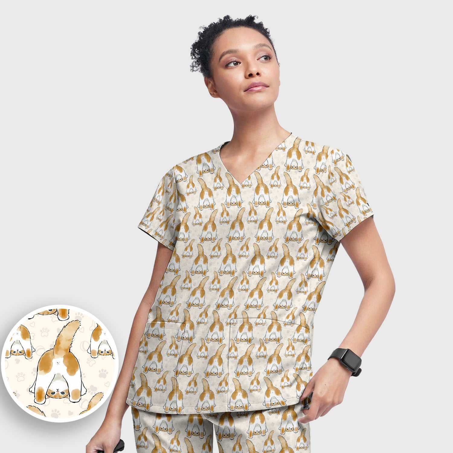 Cute Cat Butt Nurse Scrub Set, Cat Pattern Medical Shirt For Pet Lover, Breathable Fabrics Nursing Uniform
