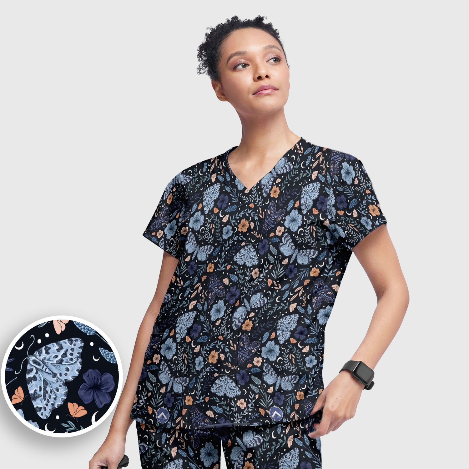 Charming Night Moth Butterfly Floral Pattern Scrub Set, Scrub Pants and V Neck Top