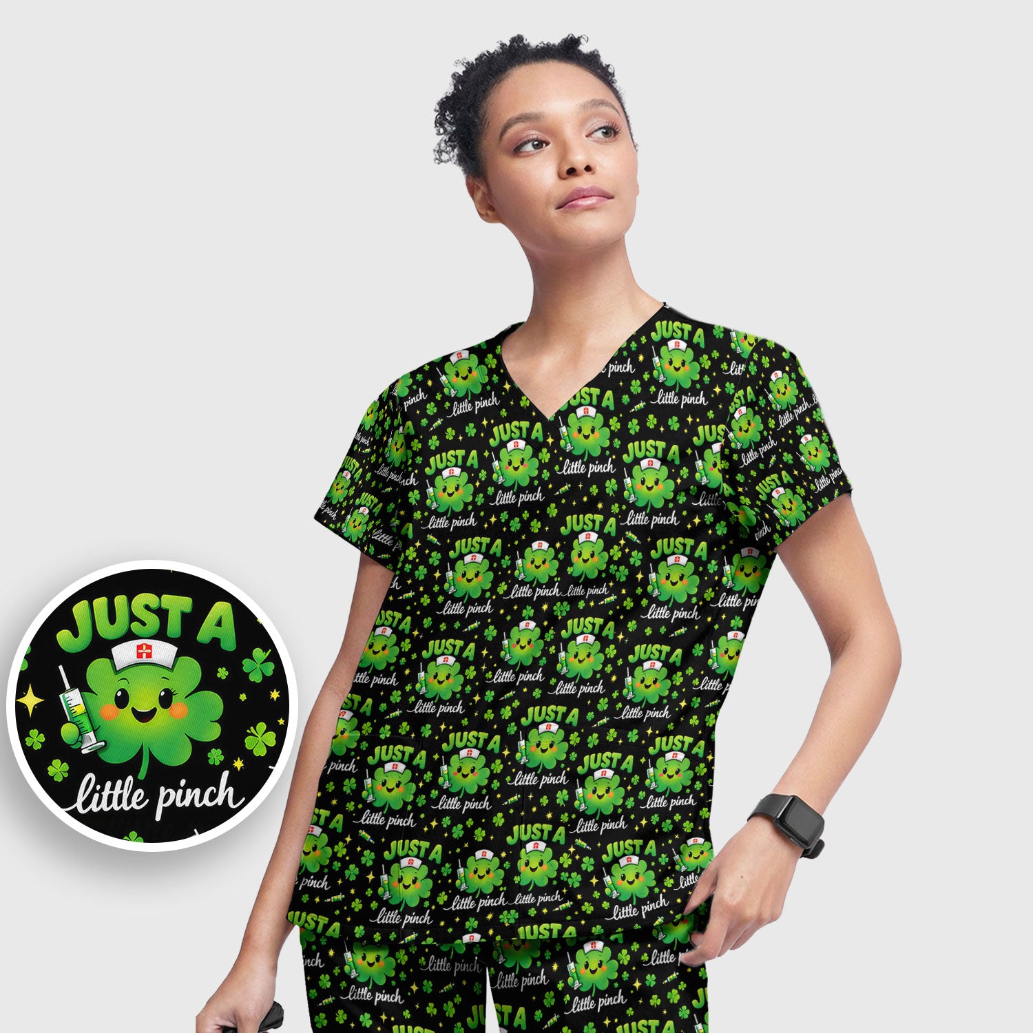 Shamrock Nurse Just A Little Pinch Print Scrub Set, Scrub Pants and V Neck Top