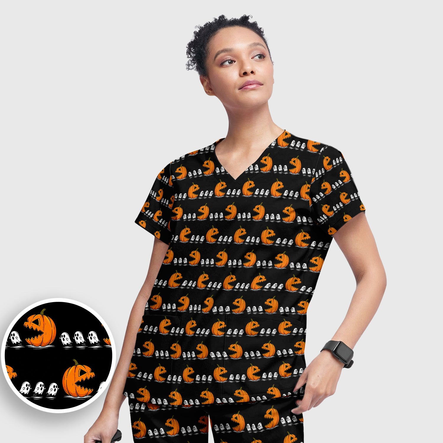 Spooky Halloween Pumpkin Ghost Scrub Set, Scrub Pants and V Neck Top