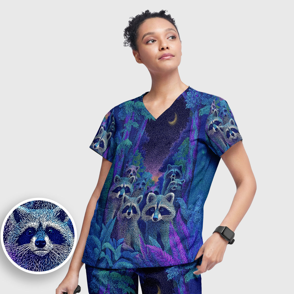 Moonlit Raccoon Pattern Scrub Set, Scrub Pants and V Neck Top