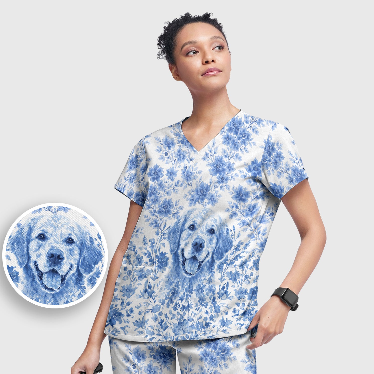 Personalized Pet Photo Floral Scrub Set, Scrub Pants and V Neck Top
