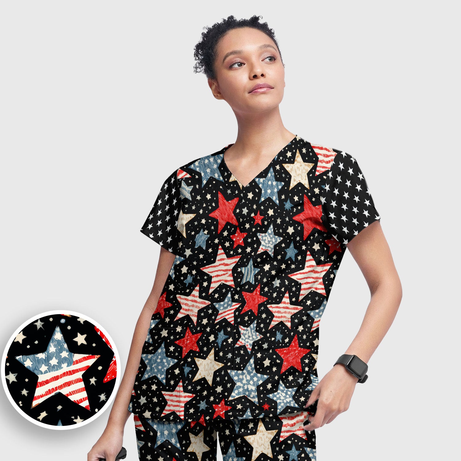 Patriotic Star Pattern Women's Scrub Set, Scrub Pants and V Neck Top