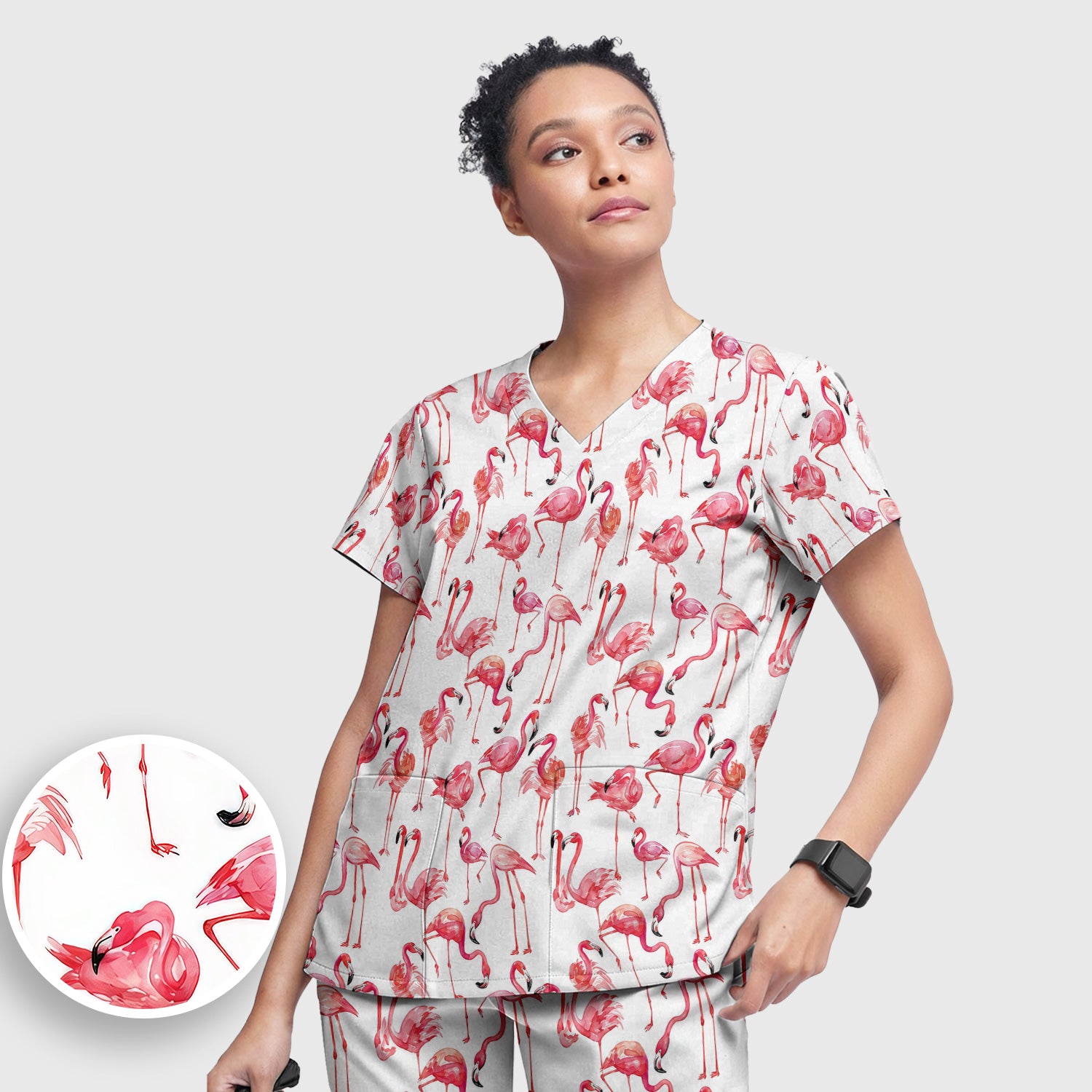 Pink Flamingo Tropical Bird Pattern Nurse Scrub Set, Scrub Pants and V Neck Top