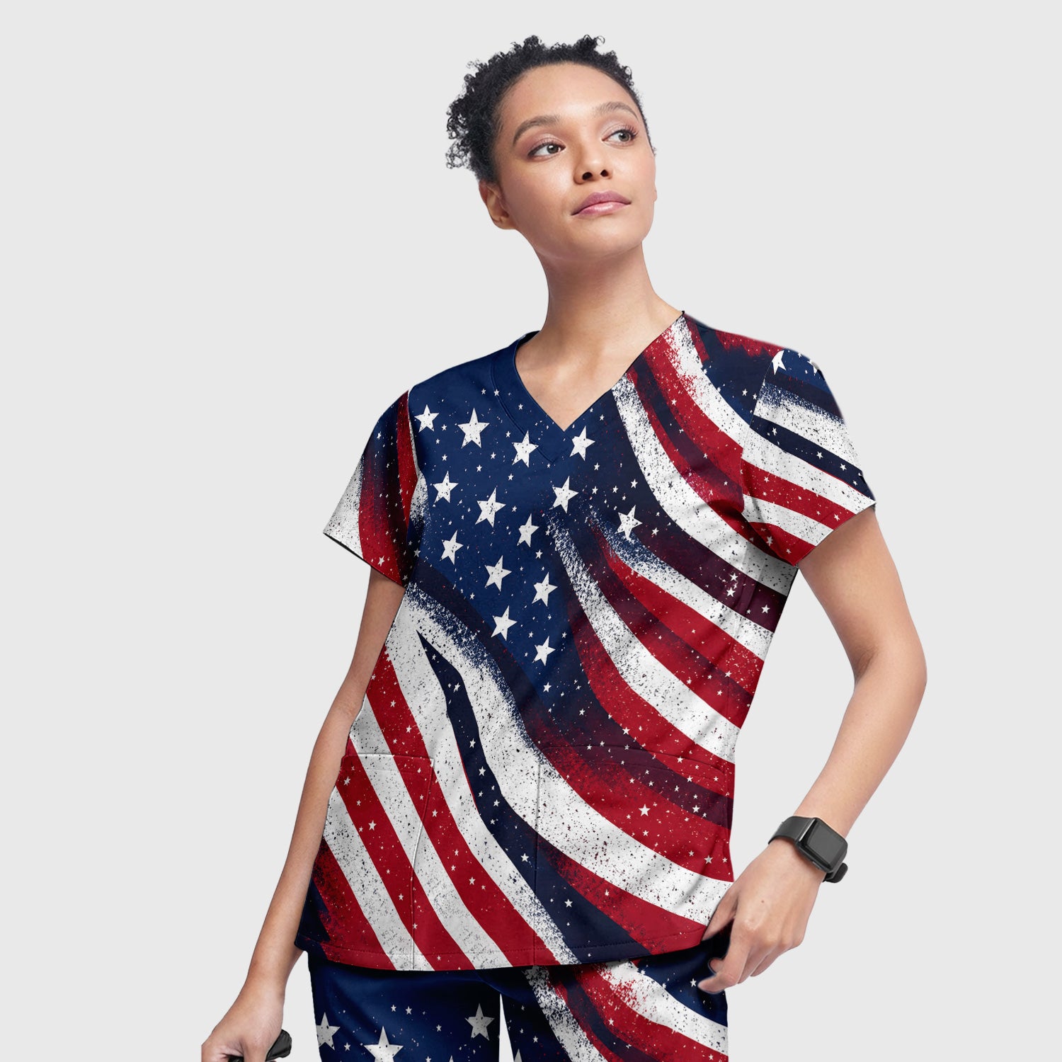 Festive American Flag Stars Pattern Scrub Set, Scrub Pants and V Neck Top