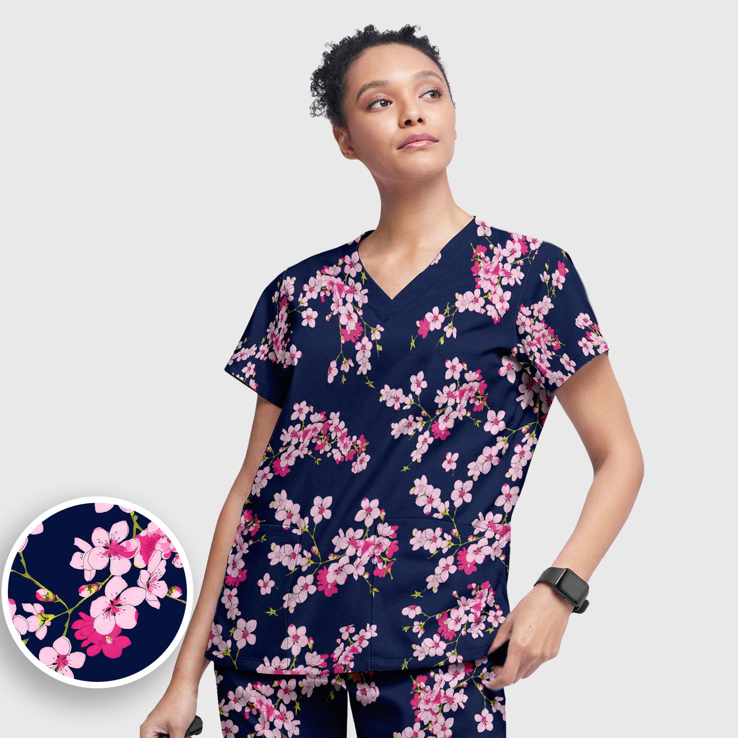 Elegant Cherry Blossom Floral Pattern Scrub Set , Breathable Med Uniform