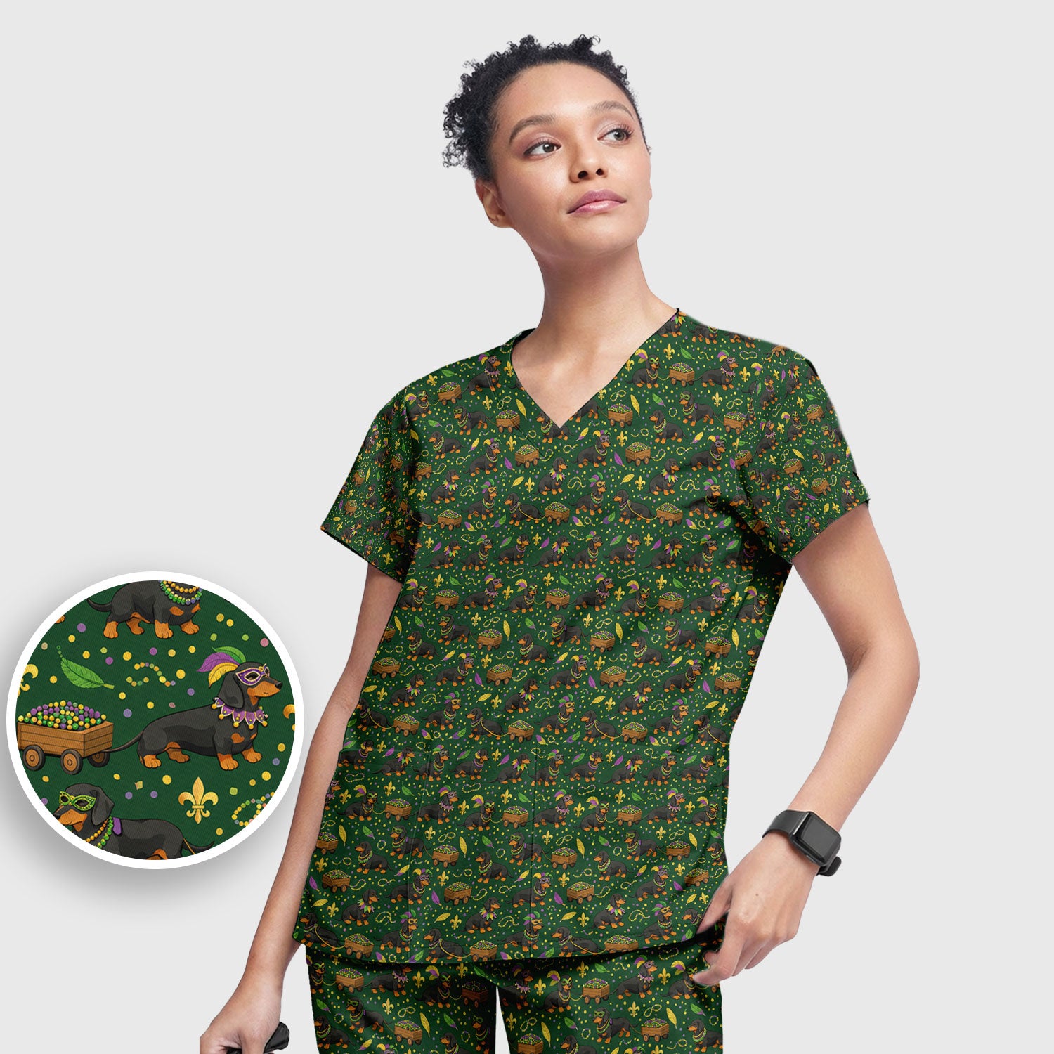 Funny Mardi Gras Dachshund Scrub Set, Festival Wiener Dog Pattern Nurse Shirt, Breathable Fabrics Nursing Uniform