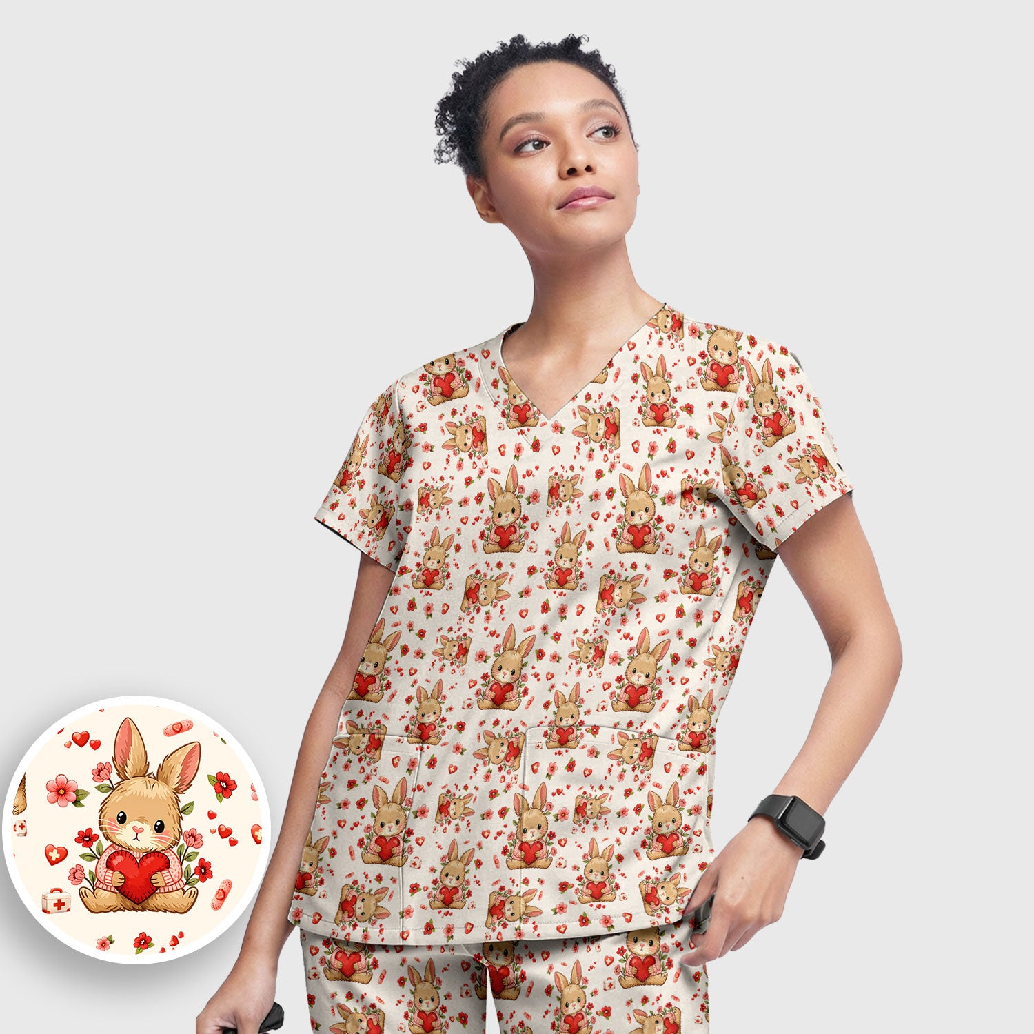 Adorable Bunny Heart Healthcare Design Scrub, Breathable Med Uniform