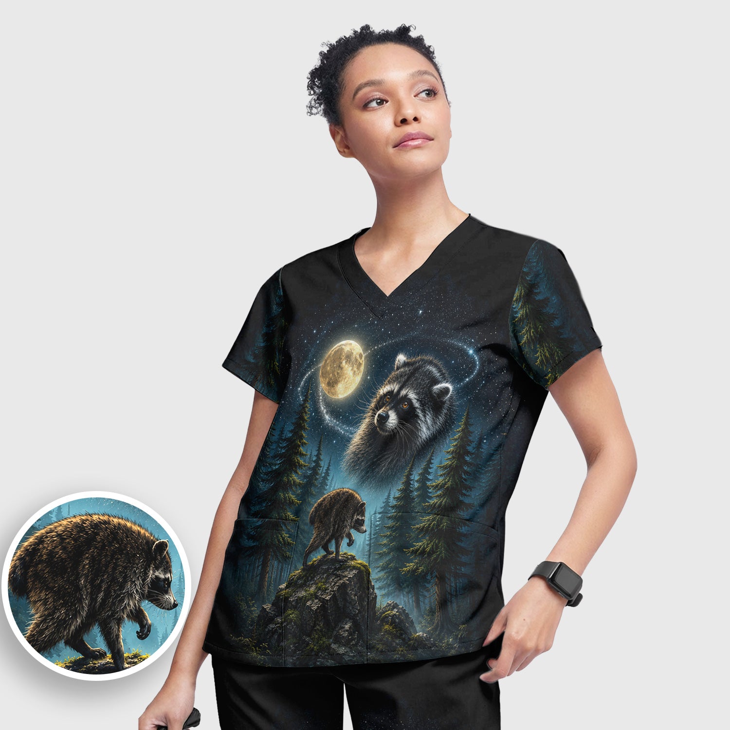 Raccoon On A Moonlit Branch Print Scrub Set, Scrub Pants and V Neck Top
