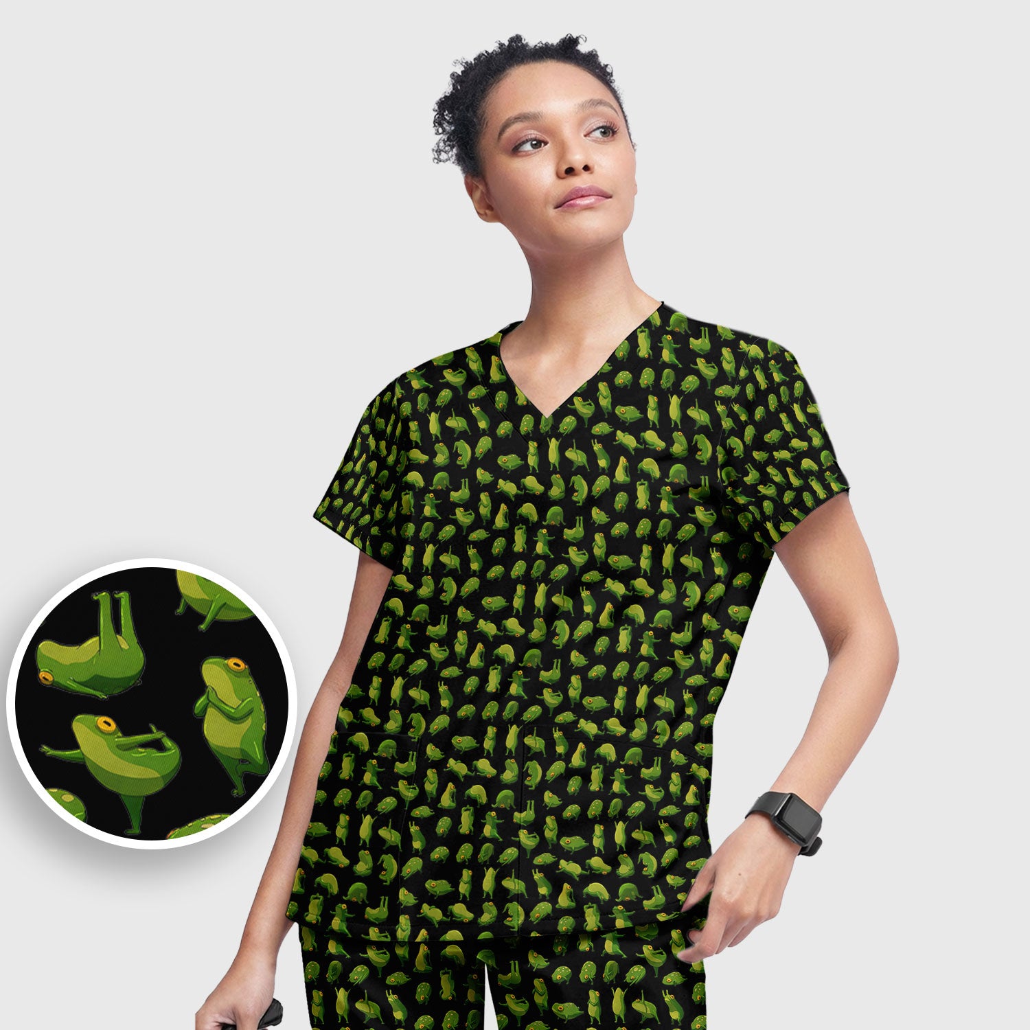 Cute Frog Cartoon Pattern Scrub Set, Breathable Med Uniform