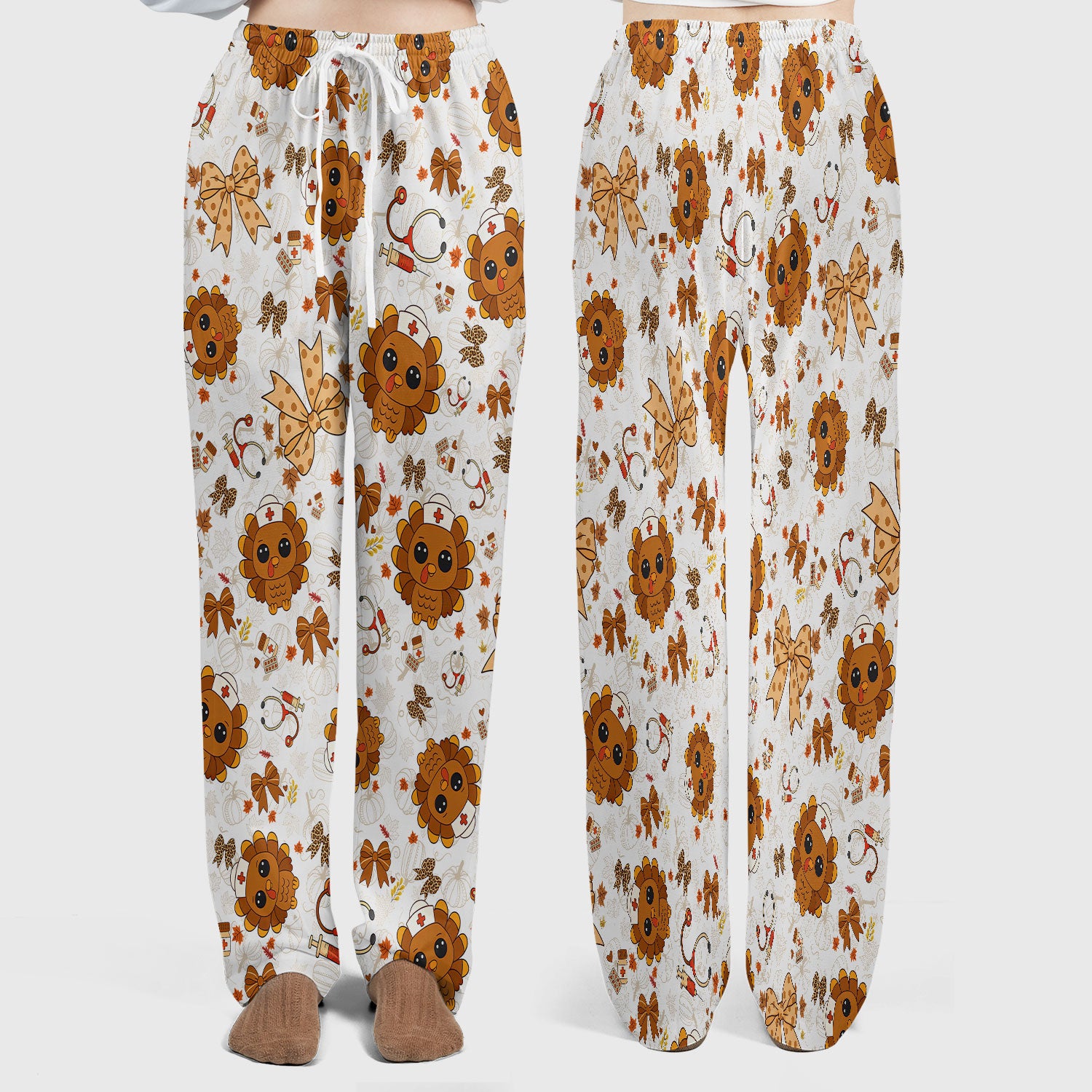 Thanksgiving Turkey Nurse Scrub Set for Women - Cute Fall Leaves and Bow Scrub Pants and V Neck Top - Autumn Medical Uniform