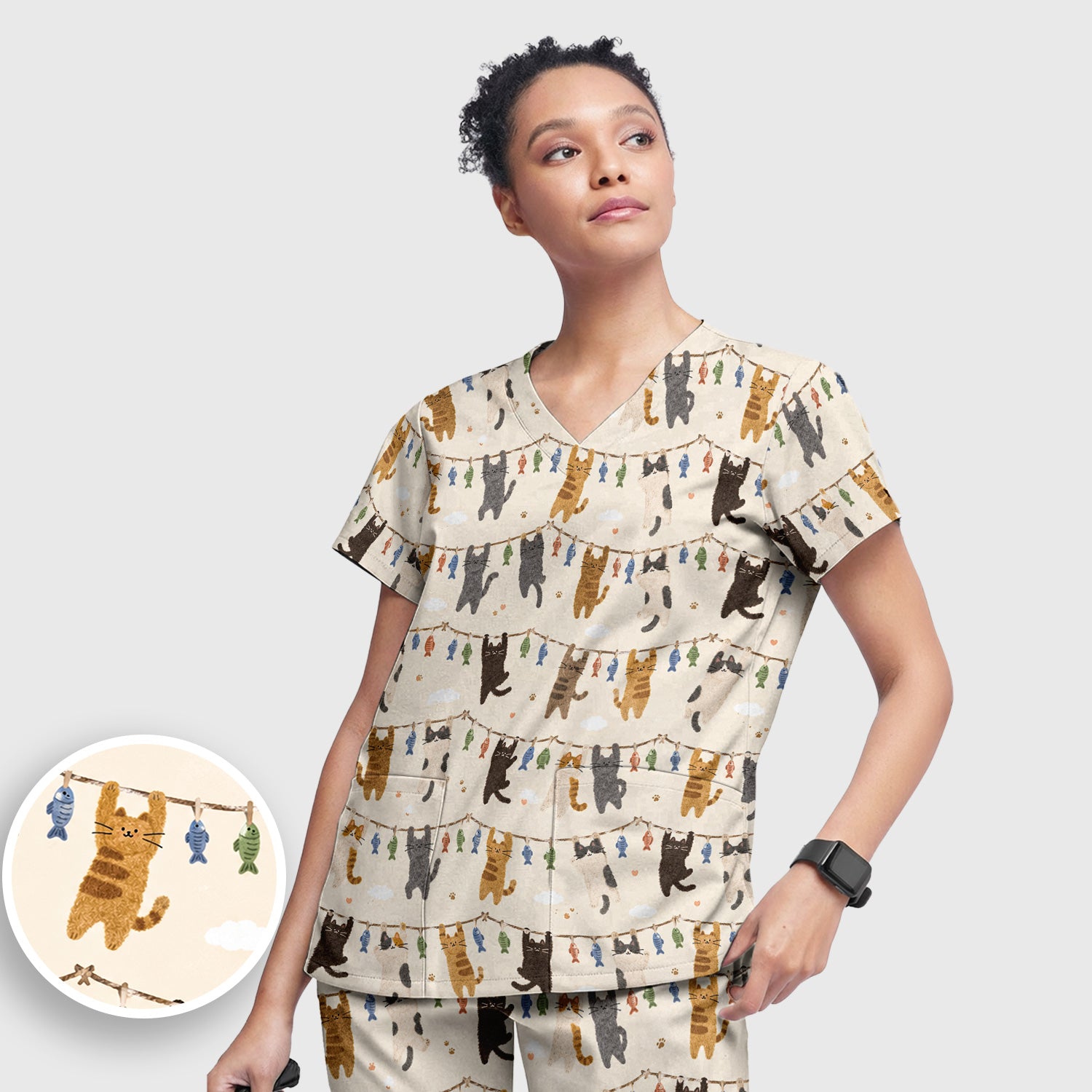 Cute Hanging Cat Fishline Pattern Scrub Set, Scrub Pants and V Neck Top