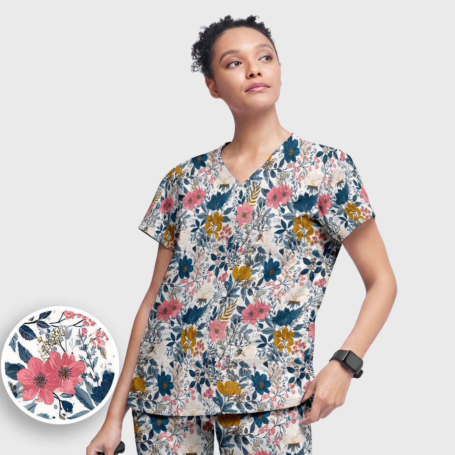 Elegant Floral Garden Bloom Pattern Scrub Set, Scrub Pants and V Neck Top
