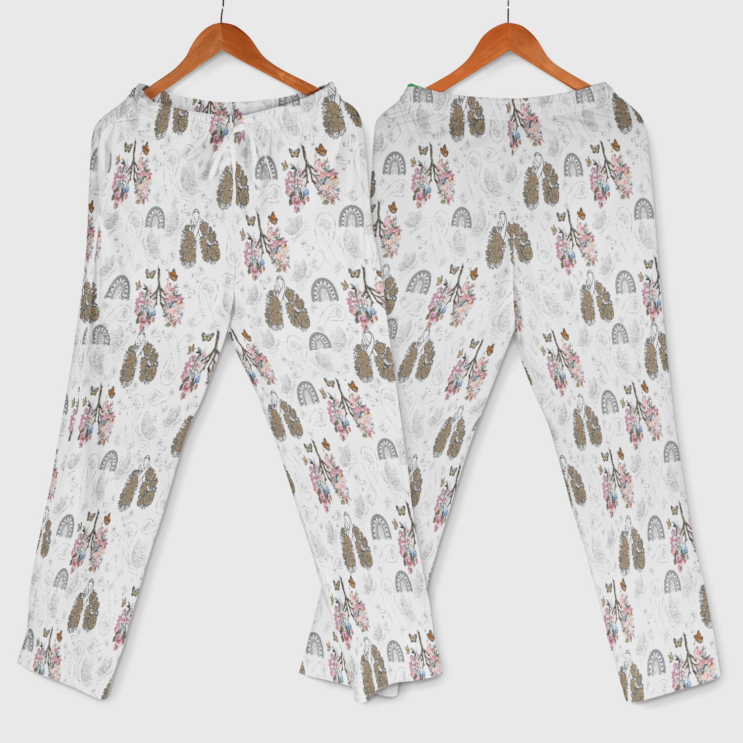 Lung Cancer Awareness Scrub Sets for Nurse - White Ribbon Butterfly Floral Scrub Pants and V Neck Top - Breathable Med Uniform for Women
