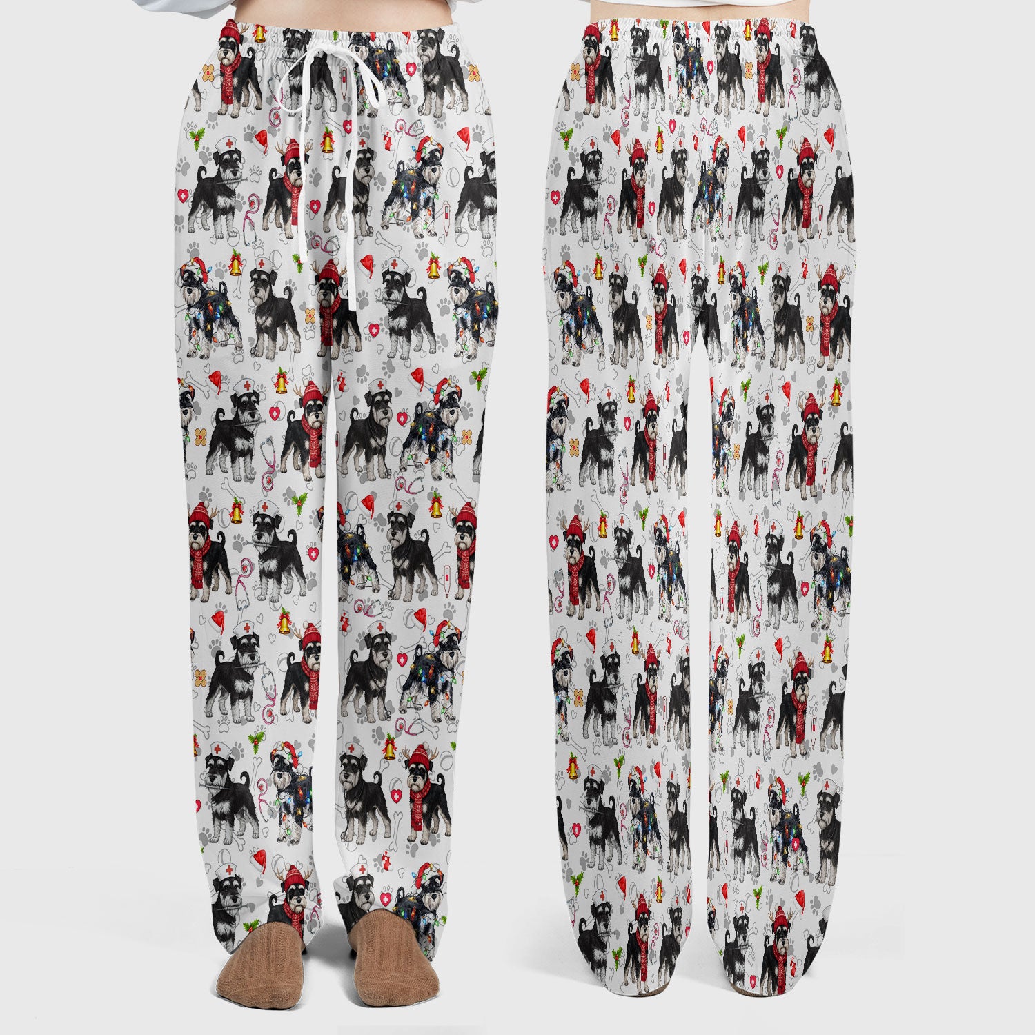 Christmas Schnauzer Scrub Set for Nurses - Cute Dog Holiday Scrubs Pants and V Neck Top - Funny Santa Nursing Medical Shirt for Women