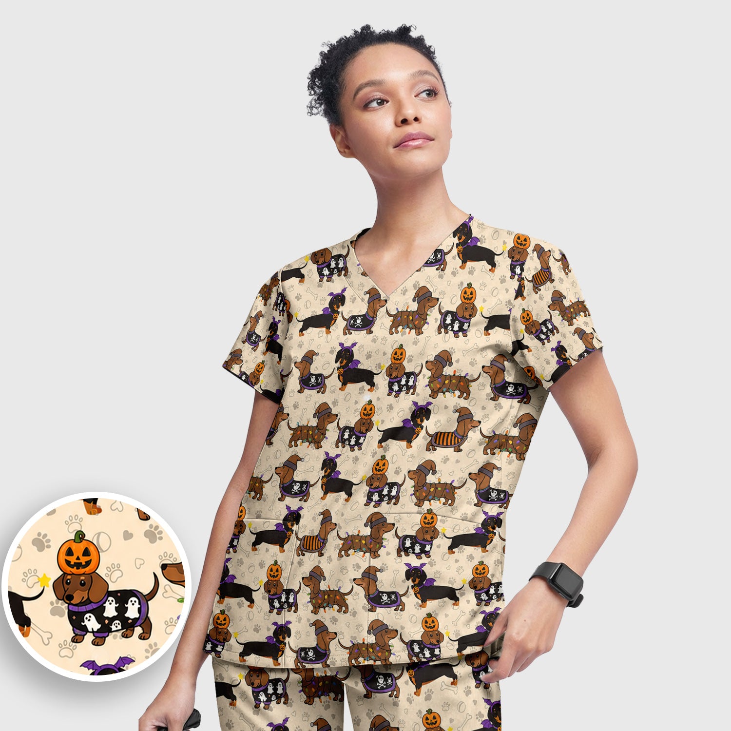 Halloween Dachshund with Pumpkin Ghost Print Scrub Set, Scrub Pants and V Neck Top