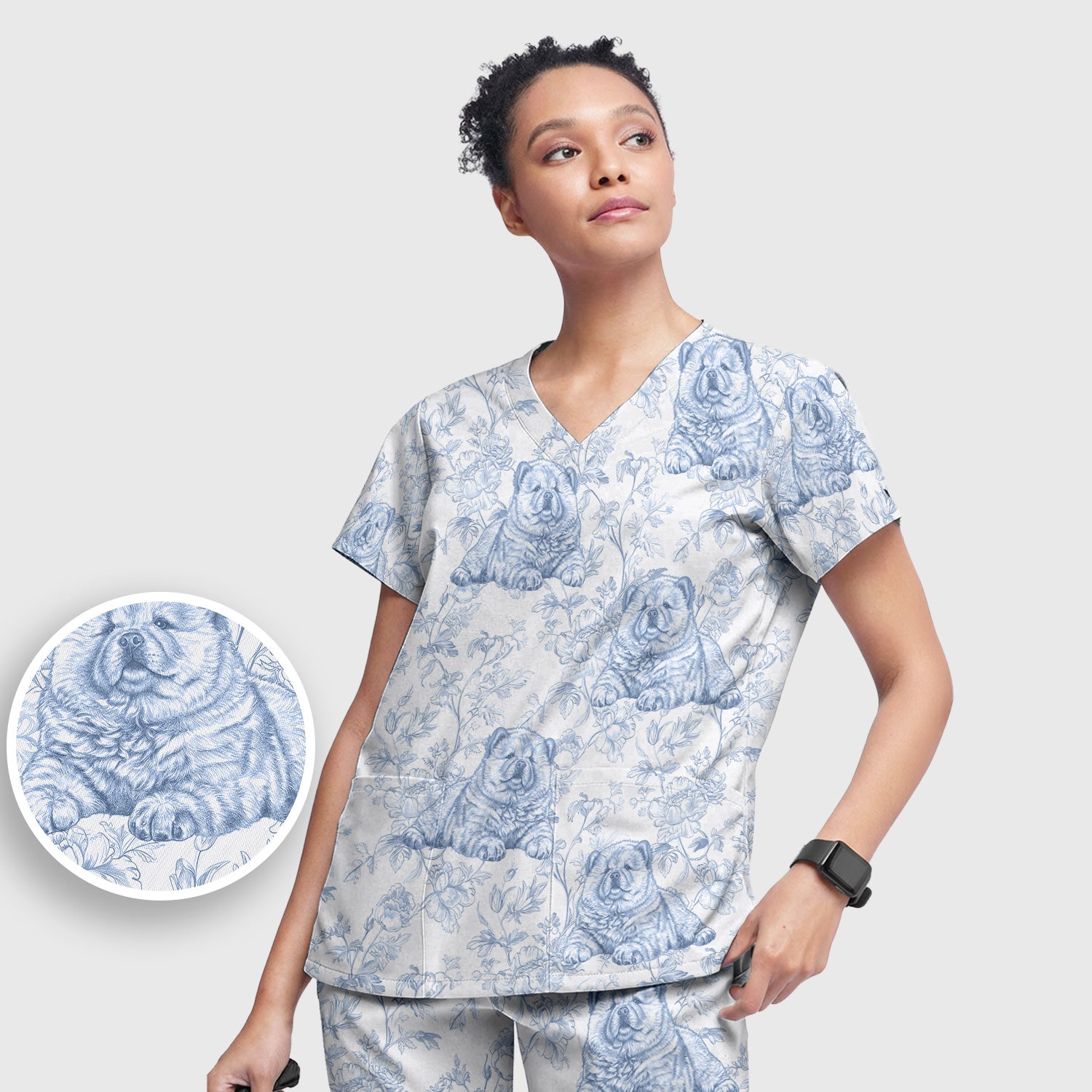 Custom Dog Cat Style Chinoiserie Pattern Scrubs Sets, Scrub Pants and V Neck Top