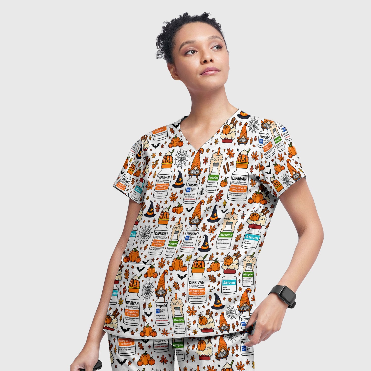 Funny Witch Hat & Pumpkin Print Scrub Set, Scrub Pants and V Neck Top