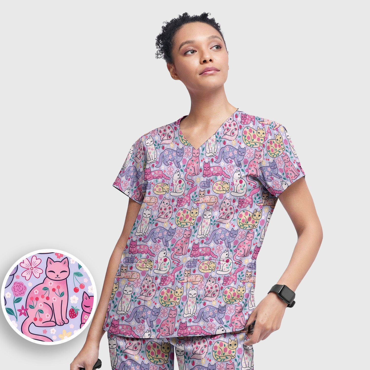 Funny Colorful Pastel Cats Floral Strawberry Print Set, Women's Scrub Sets