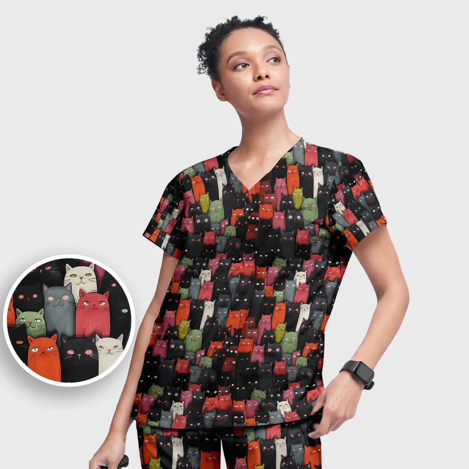 Cat Pattern Nurse Scrub Set, Artistic Cat Nurses Shirt For Women, Breathable Fabrics Nursing Uniform