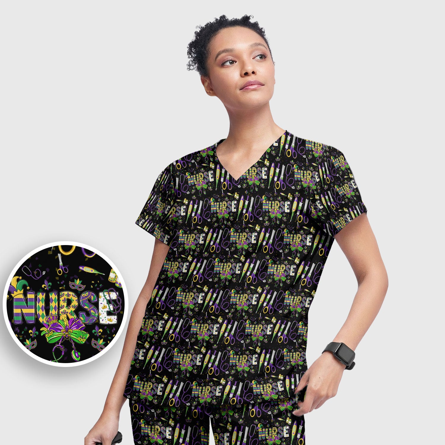 Mardi Gras Nurse Scrub Set, Holiday Medical Pattern Nurse Shirt, Breathable Fabrics Nursing Uniform