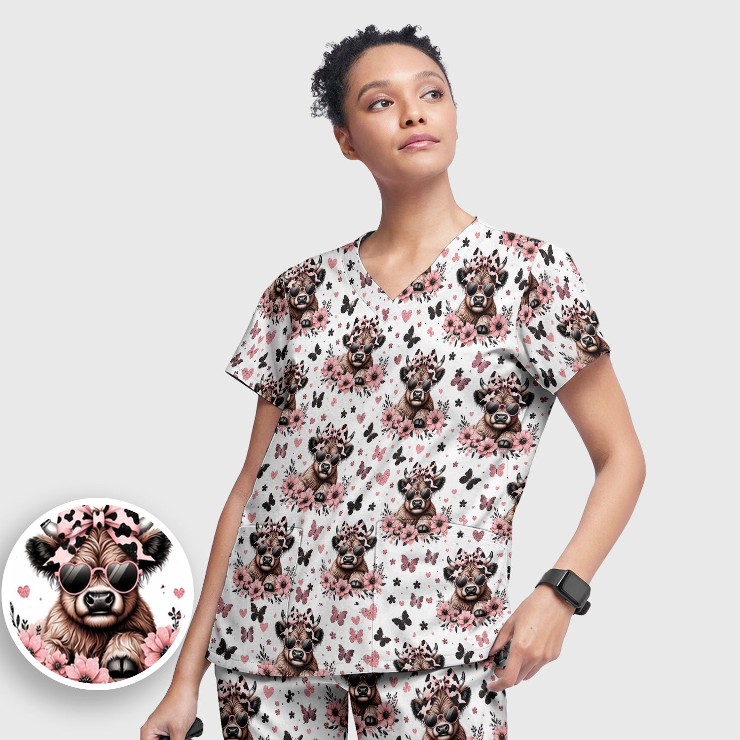 Cute Cow With Heart Sunglasses Pattern Scrub Set, Scrub Pants and V Neck Top
