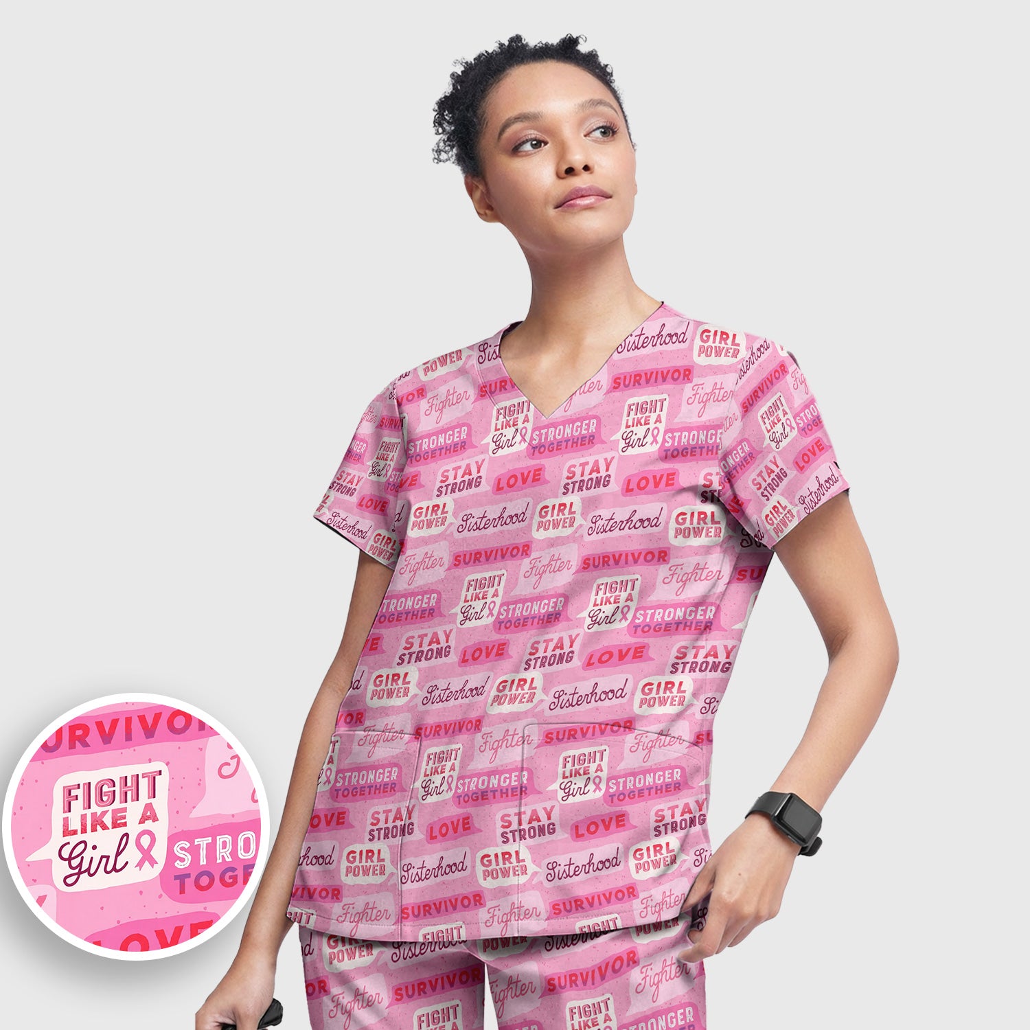 Pink Ribbon Quotes Scrub Set, Scrub Pants and V Neck Top