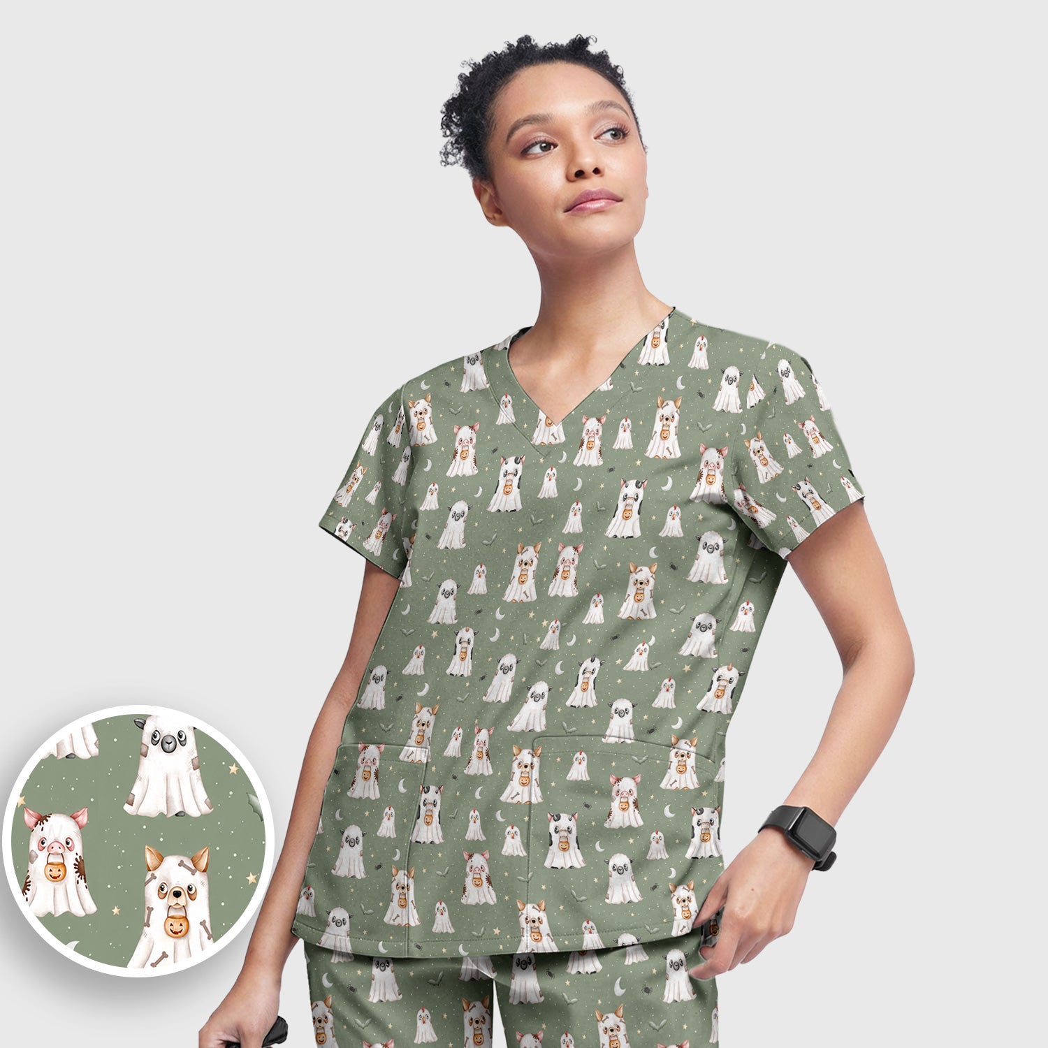 Spooky Farm Animal Ghost Scrub Set, Scrub Pants and V Neck Top