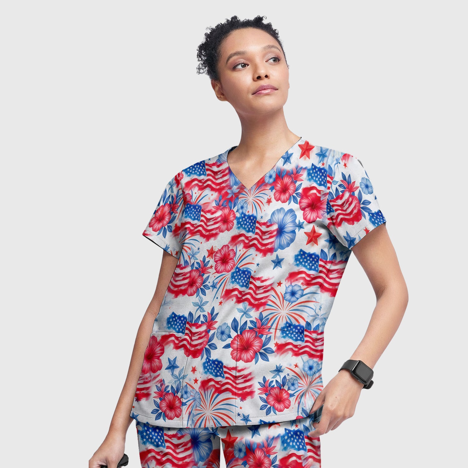 Patriotic American Flag Floral Pattern Scrub Set, Scrub Pants and V Neck Top