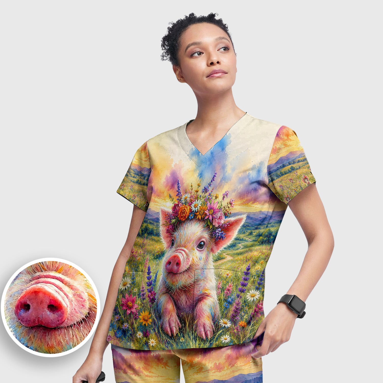 Cute Floral Piglet Pediatric Pattern Scrub Set, Scrub Pants and V Neck Top