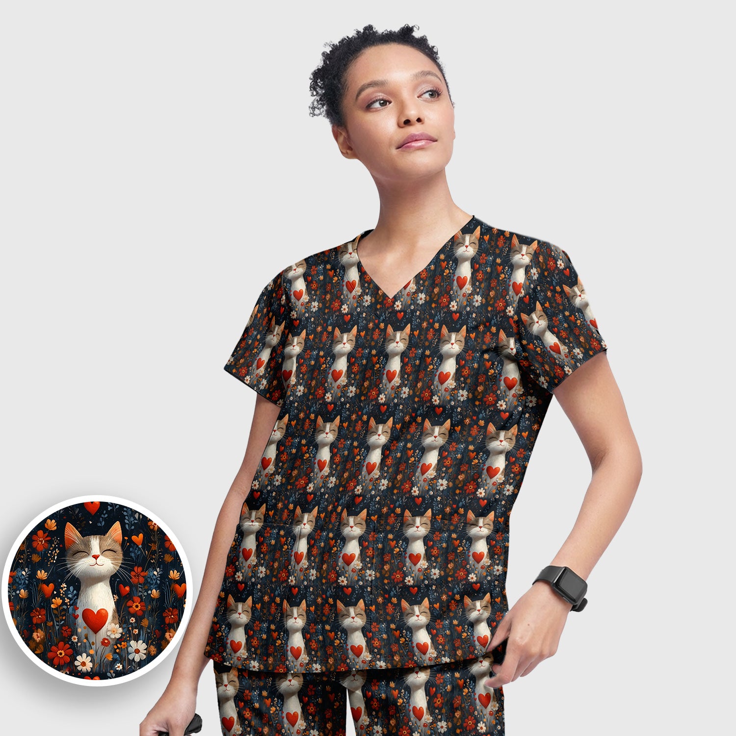 Cat Heart Floral Garden Pattern Scrub Set, Scrub Pants and V Neck Top