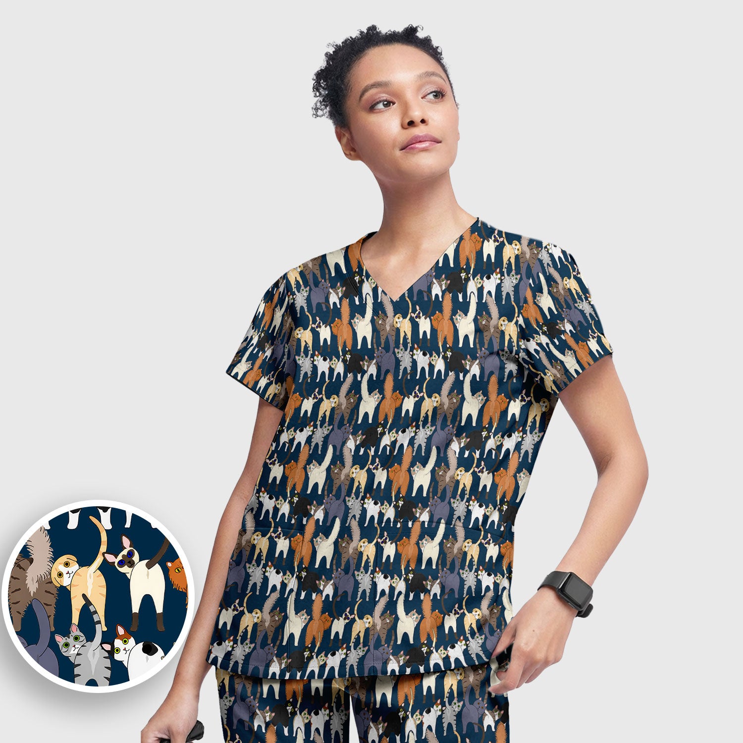 Whimsical Multicolor Cat Cartoon Pattern Scrub Set, Breathable Med Uniform