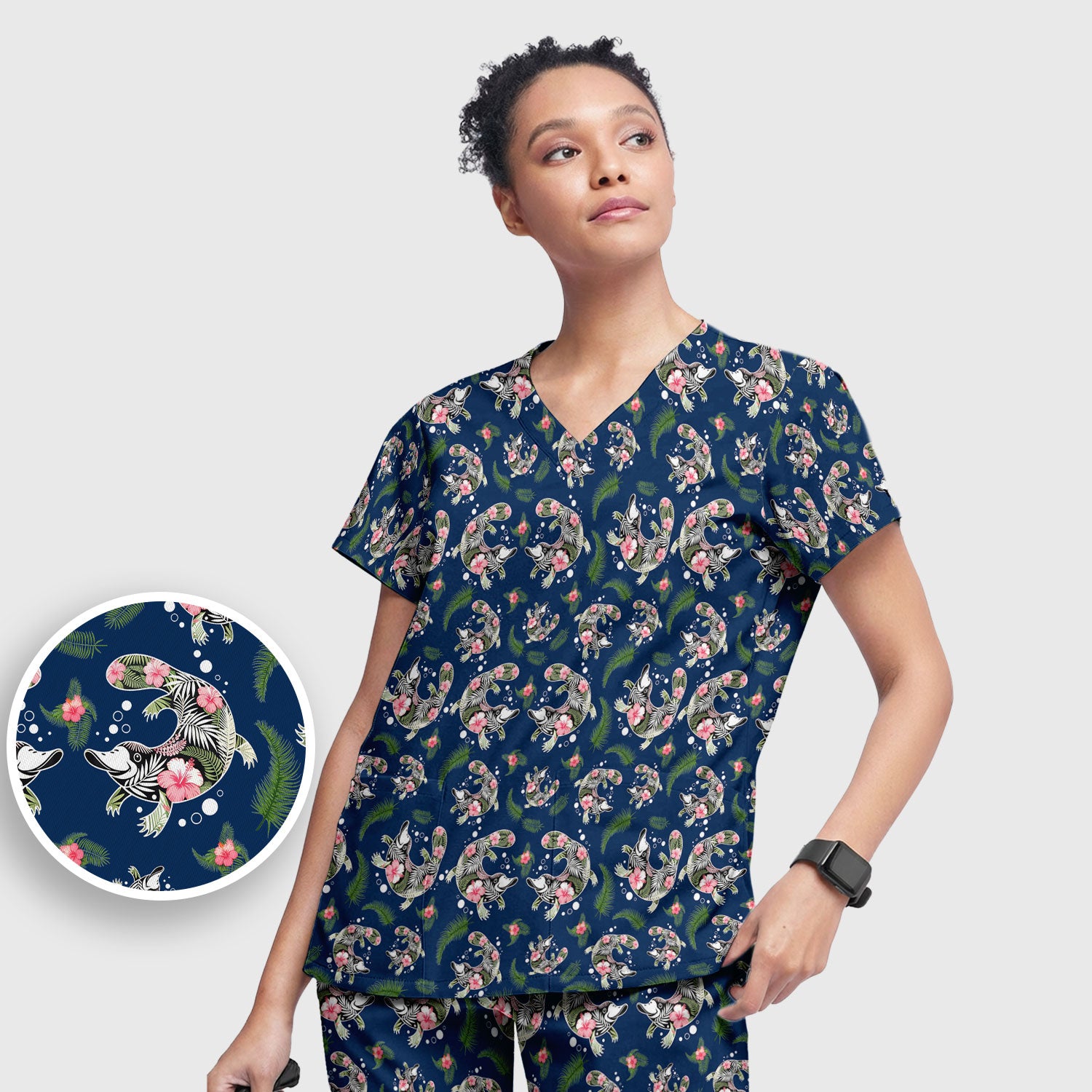 Cute Platypus Scrub Set, Tropical Floral Animal Pattern Nurse Shirt, Breathable Fabrics Nursing Uniform