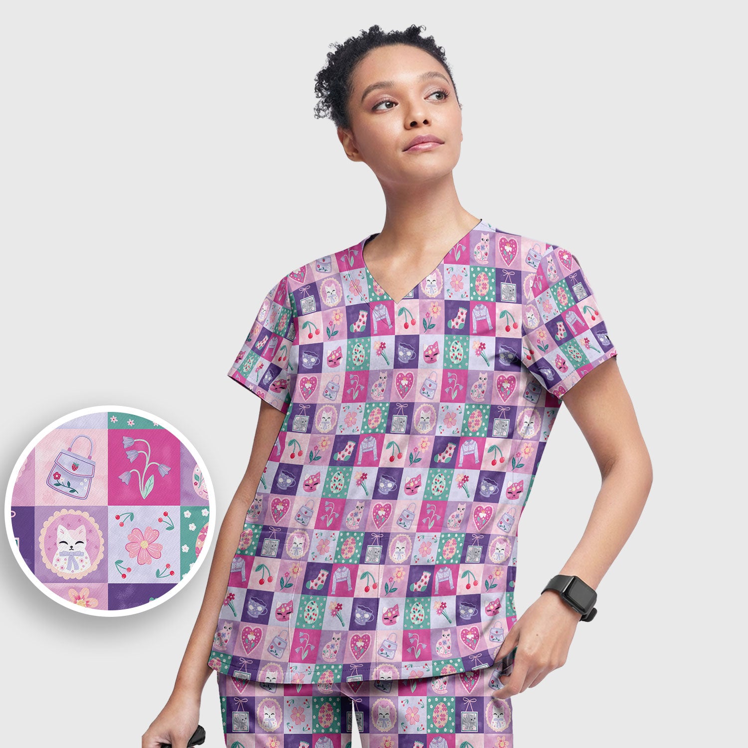 Pastel Cat Patchwork Scrub Set,  Kawaii Floral Scrub Pants and V Neck Top