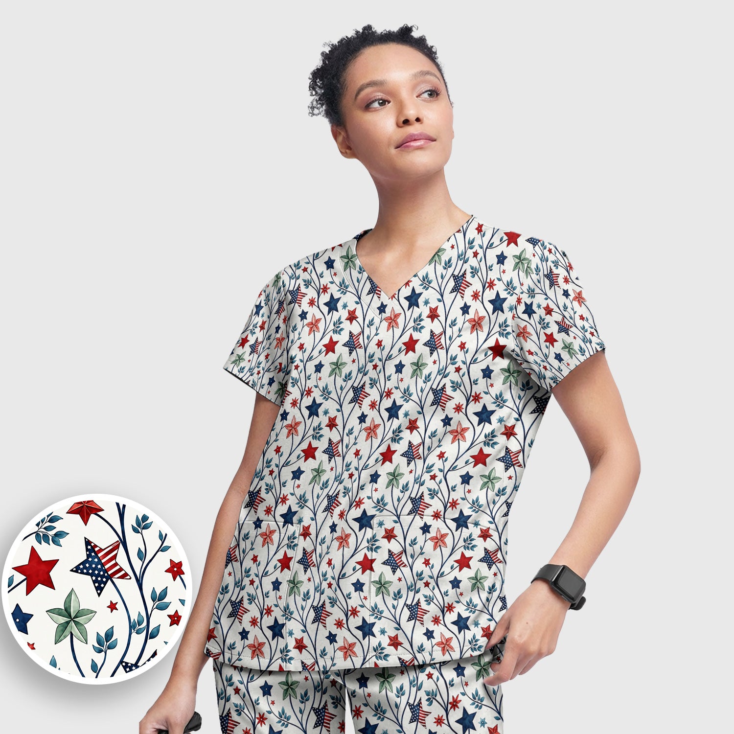 Patriotic Star Vine Floral Print Scrub Set, Scrub Pants and V Neck Top