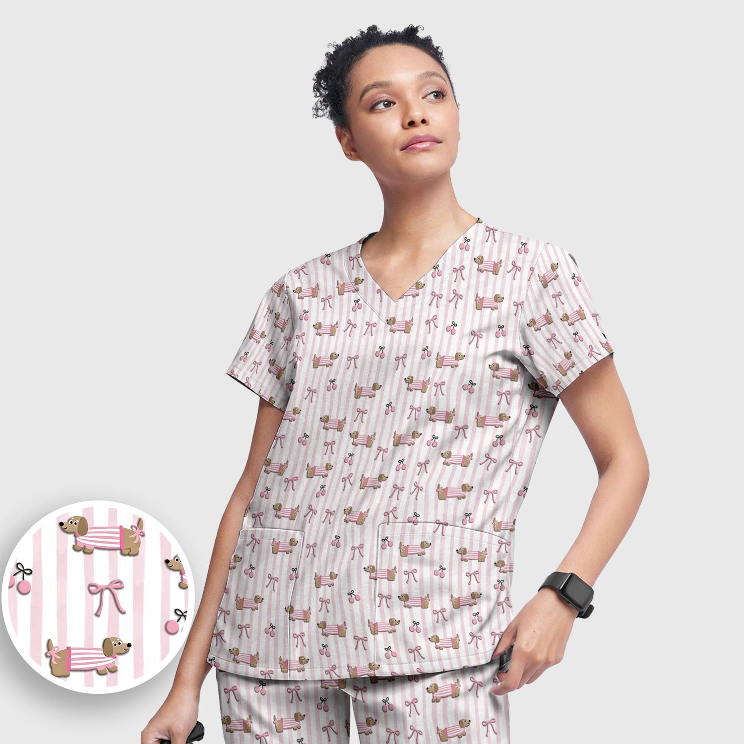 Cute Dachshund Pink Stripe Pattern Scrub Set, Women's Scrub Sets